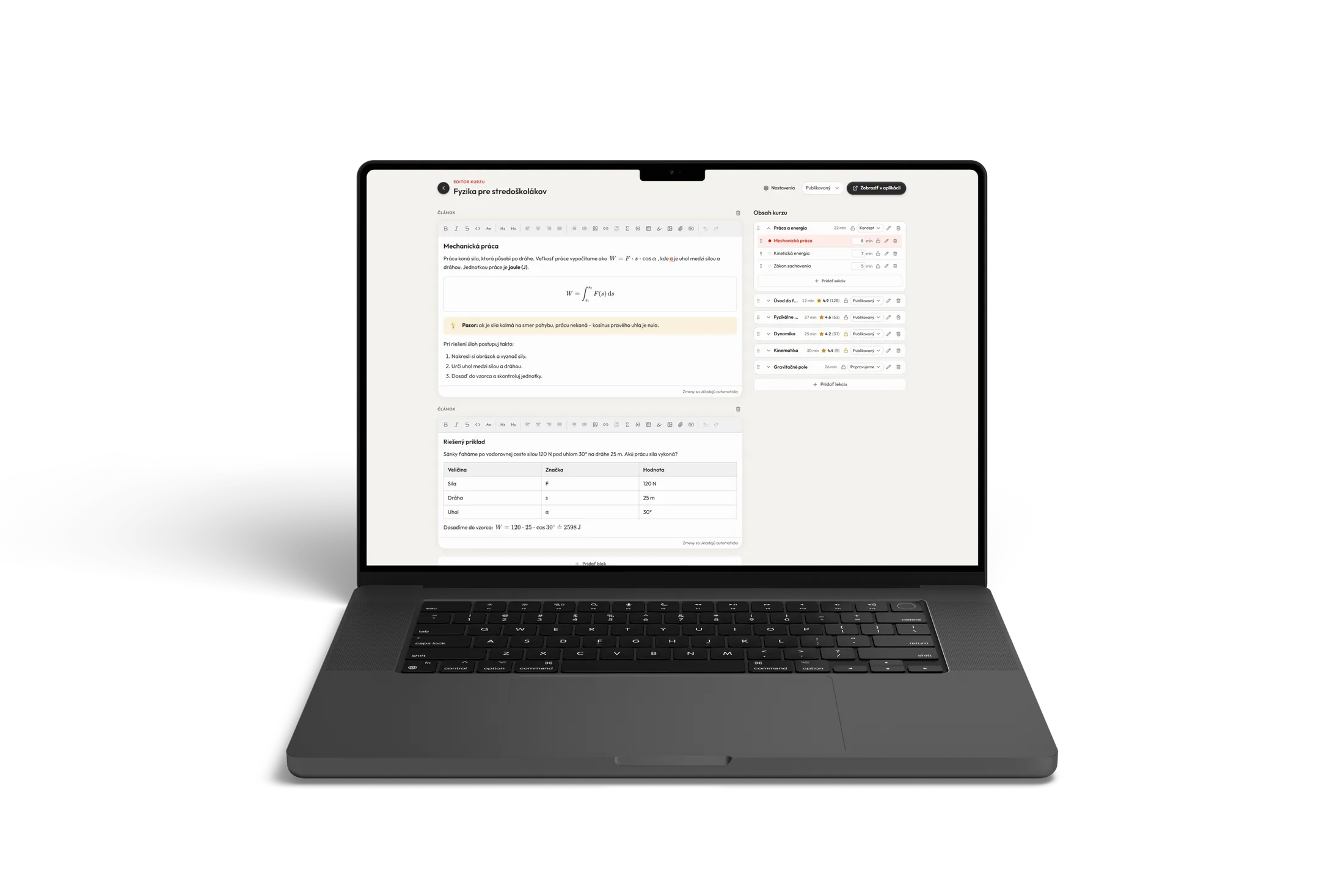 Lesson editor: an article block with interactive content, course contents on the right